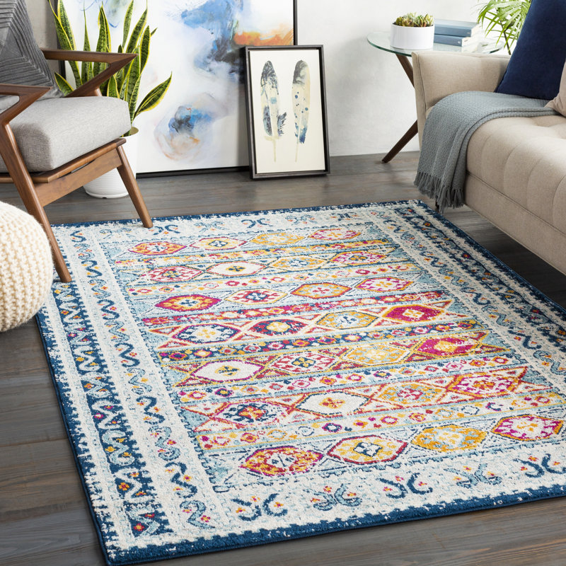 Tapis à motif oriental bleu / jaune Sigmon, Rectangle 7 pi 10 po x 10 pi 3 po