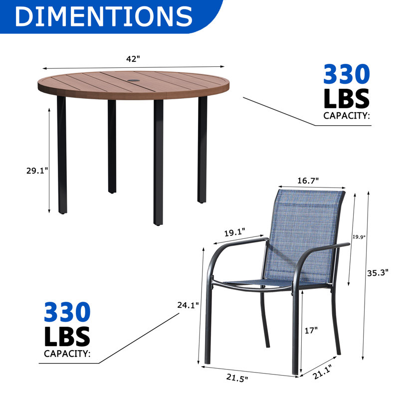 Ensemble de salle à manger 5 pièces pour l'extérieur, table ronde en métal avec 4 chaises bleu clair, table de patio en noyer avec trou de parasol pour jardin, cour, patio