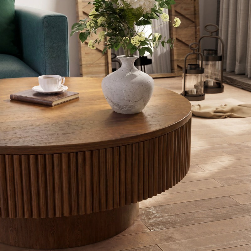 Table basse ronde 35 po fabriquée à la main en bois massif, Brun, H 13,78 po x L 35,04 po x l 35,04 po