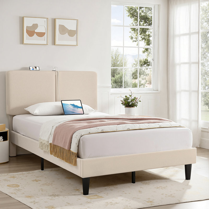  Ensemble de 2 lits simples avec base de charge, tête de lit tapissier, 2 ports USB, lit plateforme avec lattes de bois, sans sommier, beige