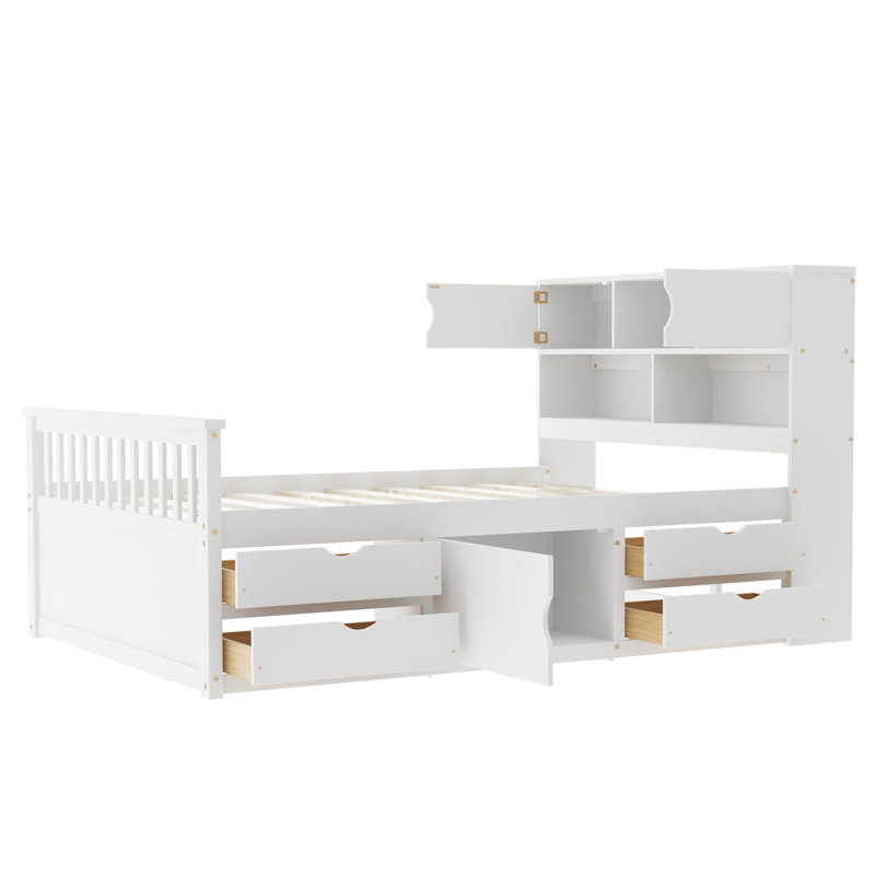 Structure de lit plateforme double pleine grandeur avec bibliothèques de rangement et tablettes, quatre tiroirs,, Blanc