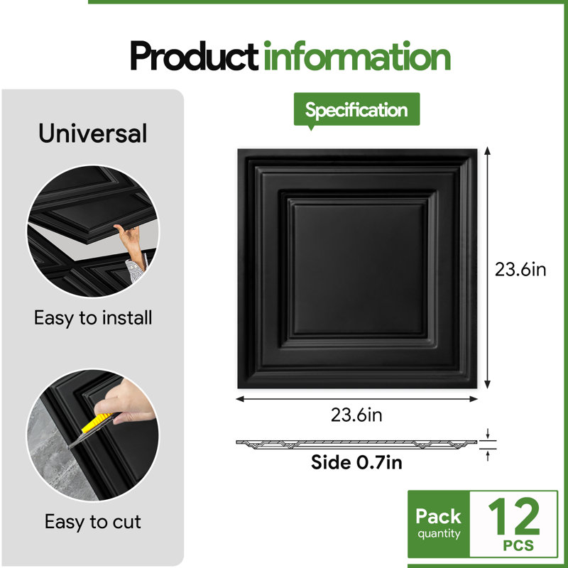 Carreau de plafond à caisson en PVC 2 pi x 2 pi Fasarxiu - Très épais, ignifuge, imperméable, réutilisable - Premium 48 pieds carrés / caisse (ensemble de 12)