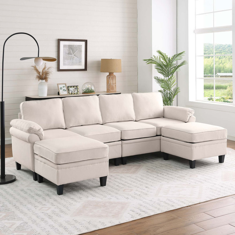 Canapé modulaire en L avec compartiments de rangement en L, Tissu - Beige