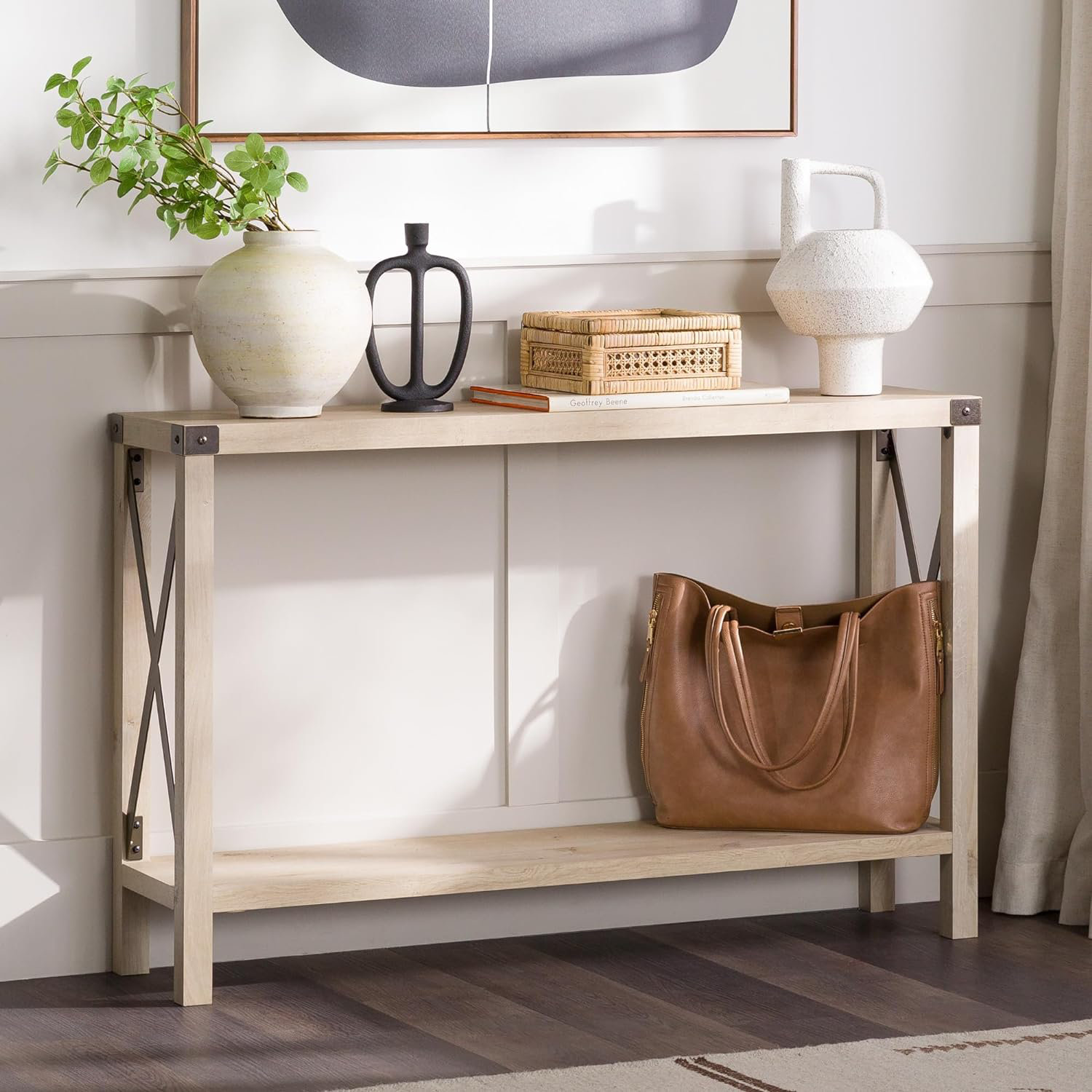 Gracie Oaks Modern Farmhouse Metal X Entry Table, 46 Inch, Rustic Oak ...