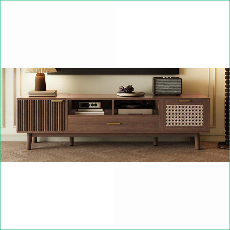 Meuble télé pour téléviseur de 75 po, brun foncé moderne avec fermeture en douceur et amp; Rangement rabattable | Brun foncé | Bois massif et panneau de fibres à densité moyenne