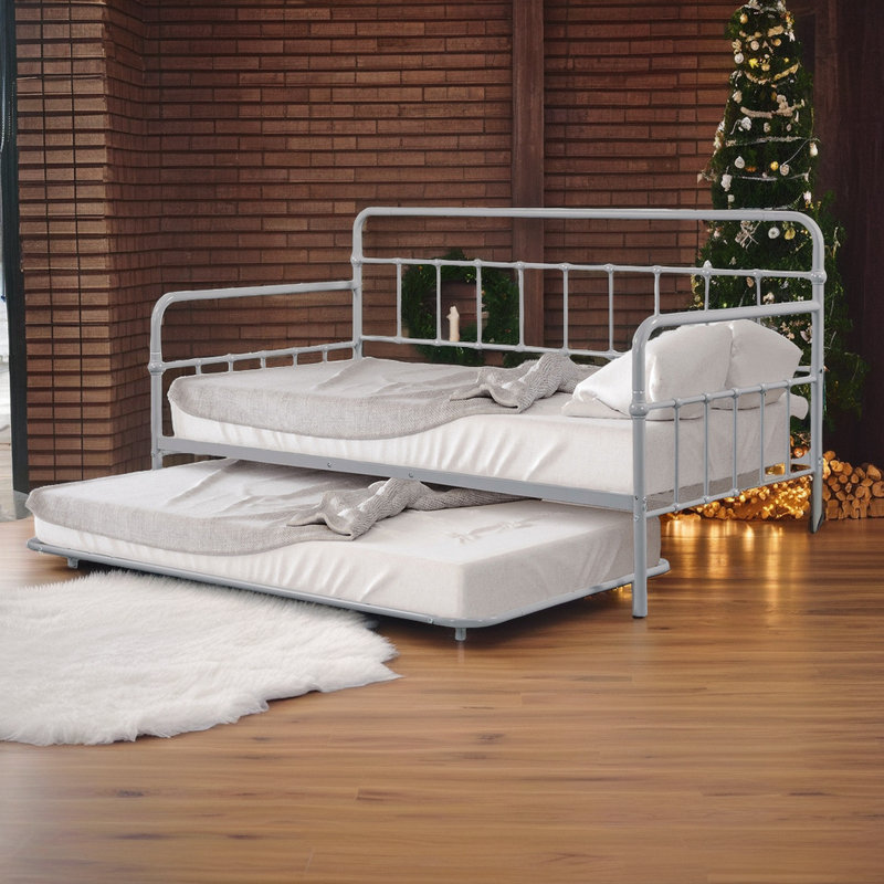 Full Size Metal Daybed with Trundle - Industrial Pipe Design - Mattress Ready, Silver
