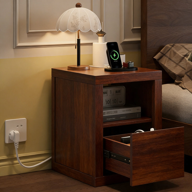 Table de chevet avec station de charge cachée, table de chevet étroite avec 2 prises de courant, ports USB et Type-C, tiroir et tablette ouverte, table de bout en grain de bois pour les petits espaces de chambre à coucher (noyer brun, l 15,98 po)