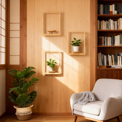 Ensemble de 3 pots à fleurs suspendus en bambou pour plantes d'intérieur, tablettes murales à motif carré pour le salon, l'entrée et la fenêtre