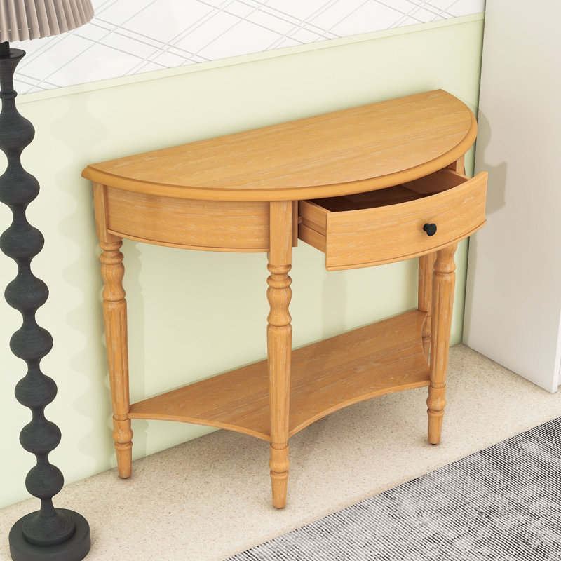 Console en bois avec tiroir et tablette, Naturel