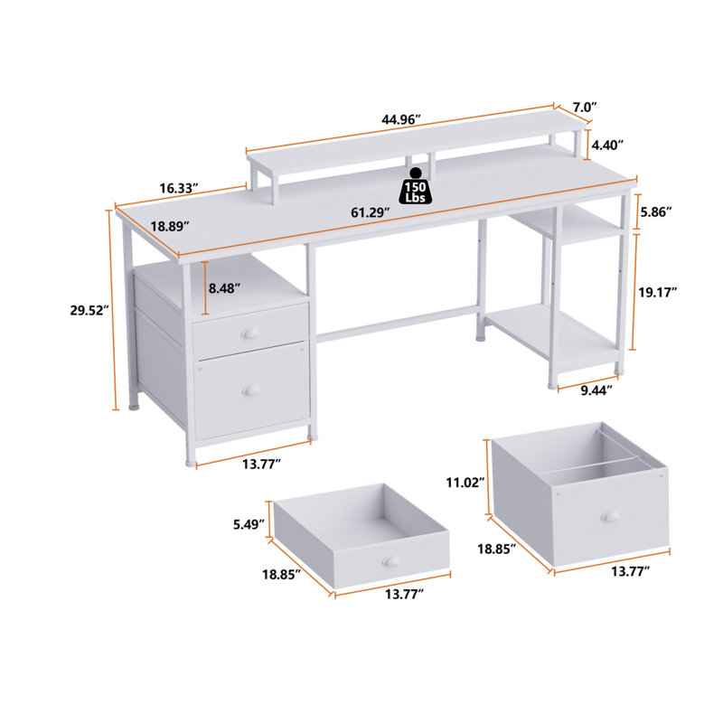 Computer Desk with 2 Drawers, Monitor Stand - Home Office Workstation, White, White