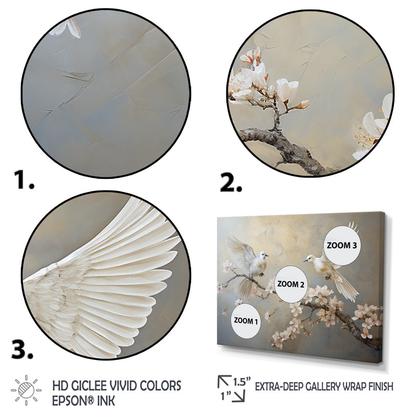 «White and Grey Birds Floral Serenity I», art mural oiseau, Cadre flottant noir, H 12 po x l 20 po x P 1 po