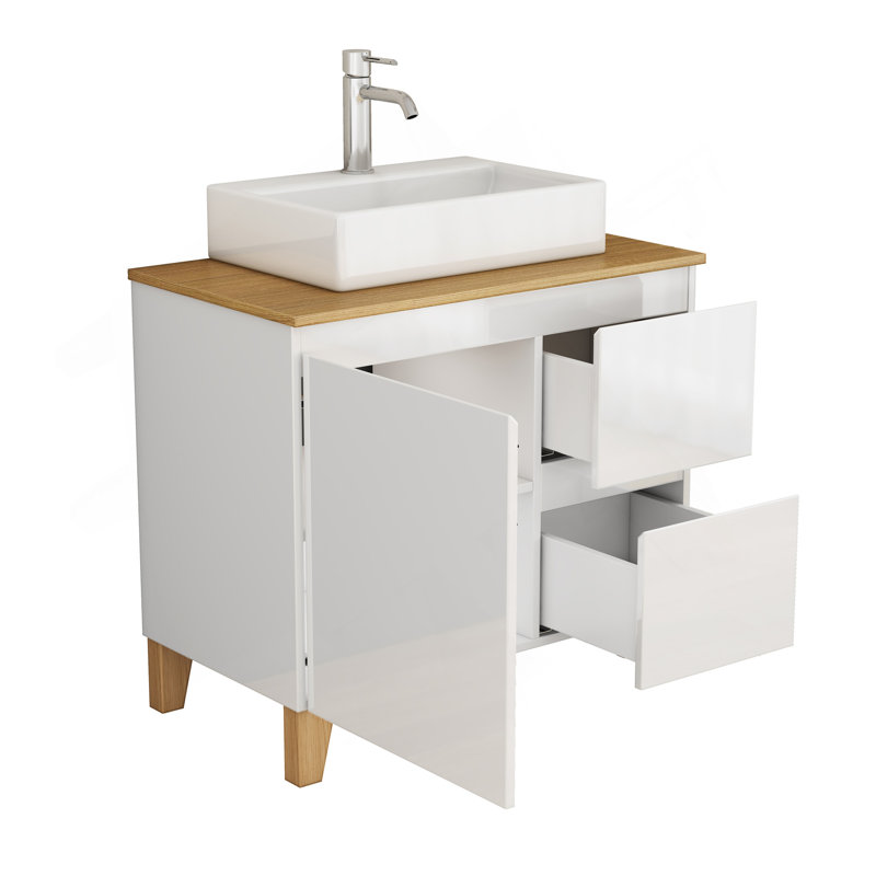 Ensemble de meuble-lavabo moderne de 31,5 po avec lavabo combiné, 1 porte et 2 grands tiroirs, système de fermeture en douceur, conception sans poignée, comptoir et pieds en bois massif naturel, lavabo carré en céramique sur le comptoir, blanc brillant