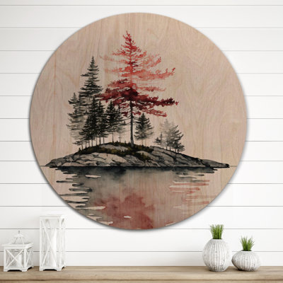 Aquarelle rouge au bord du lac I - Paysage forêt, art mural bois de pin naturel