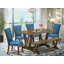 Ensemble de 6 tables de salle à manger modernes - 4 chaises de cuisine en tissu de lin bleu avec têtes de clous et table de salle à manger jacobine patinée - 1 banc en bois - finition jacobine patinée-870165659-870165606
