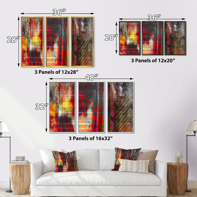 «Red Decorative Design», ensemble de 3 toiles abstraites encadrées, Noir, H 28 po x l 36 po