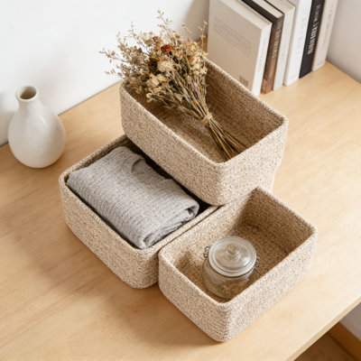 Woven Cotton Storage Baskets Set Of 3, Handmade Organizer Bins For Closet, Shelf, Desk, And Nursery, Decorative Rectangular Baskets For Home Organization