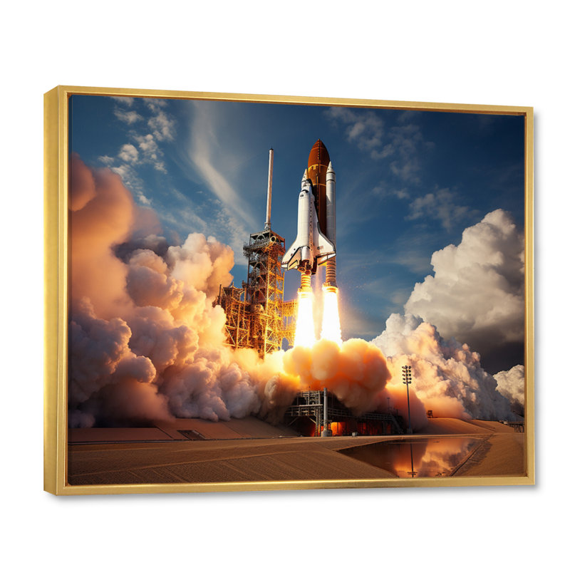 " Space Shuttle Launch II ", 16" H x 32" W x 1" D, Gold Floater Framed