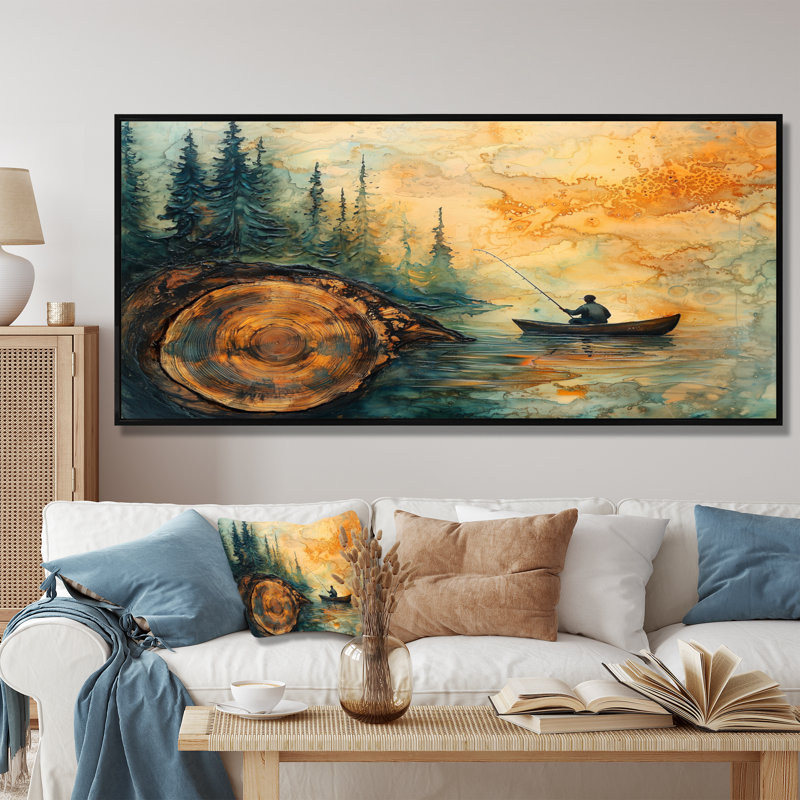 Gerrid pêche tranquillité rivière paysage II - bateau pêche art mural, H 28 po x l 60 po, Impression encadrée flottante, Noir