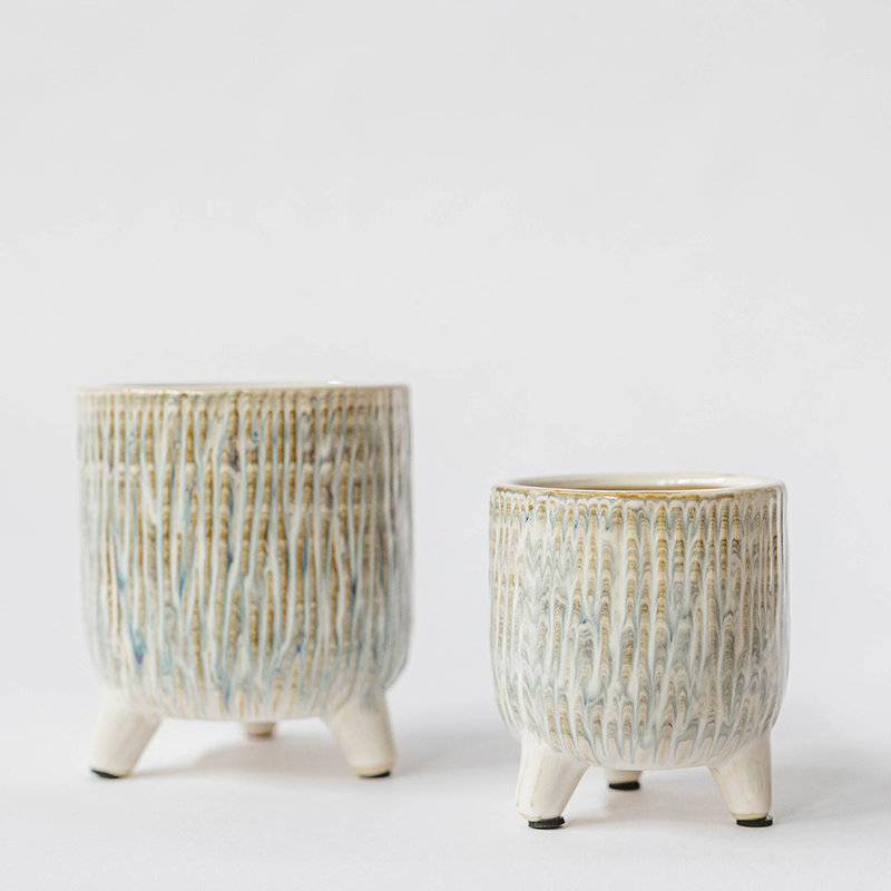 Footed Ceramic With Dripping Paint Design Planter