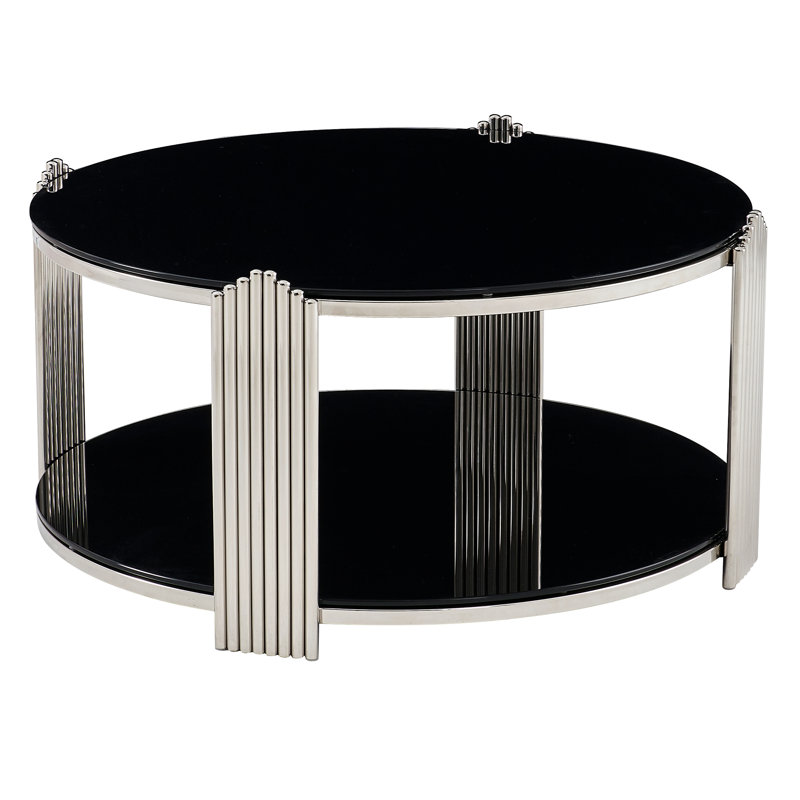 Table basse ronde moderne FFZ 35 po à double plateau avec verre trempé noir et acier inoxydable argenté, montage facile
