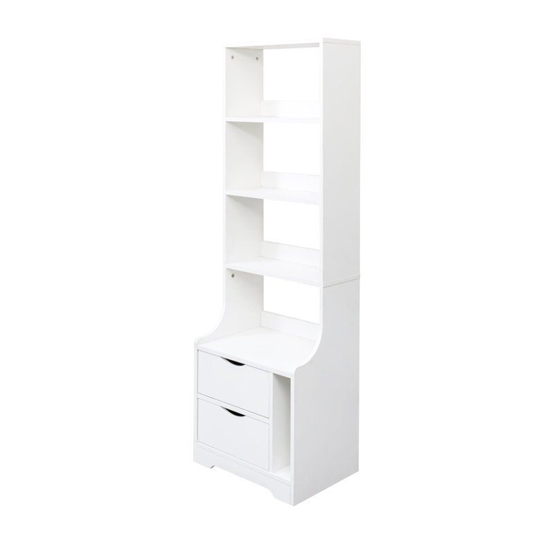 58.11" Tall Night Stand With Bookshelf, Nightstand With 2 Storage Drawers, 2 In 1 Bedside Table For Bedroom, White