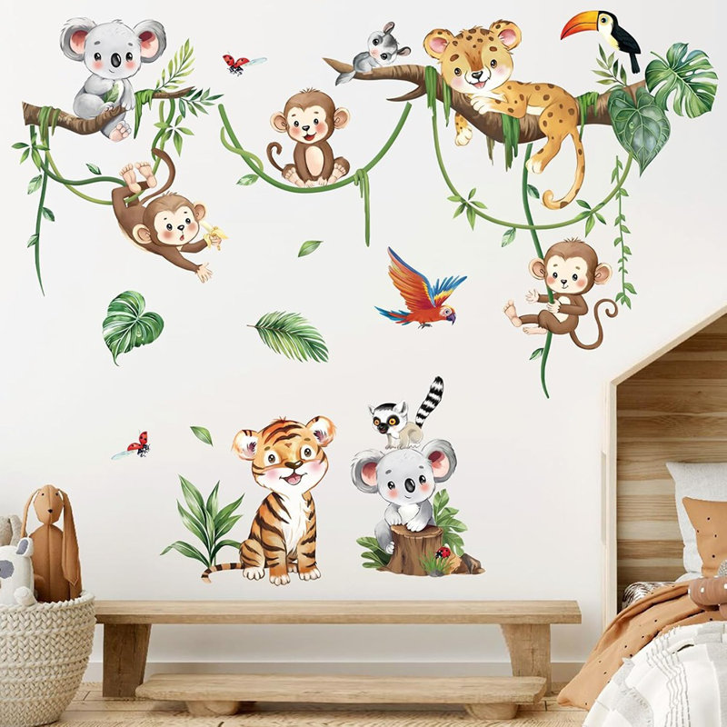 Adhésifs muraux - thème animalier de la jungle - motif safari, motif de branche d'arbre, autocollants muraux en vinyle