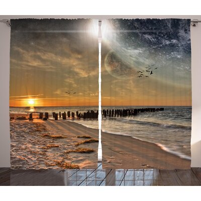 Space Magical Solar Eclipse on Beach Ocean with Horizon Sun Moon Globe Gulls Flying View Graphic Print & Text Semi-Sheer Rod Pocket Curtain Panels -  Ambesonne, p_25212_108x84