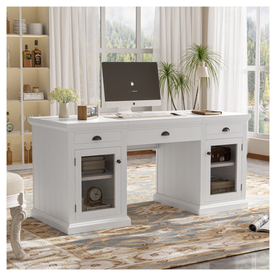 Bureau de direction moderne de 170 cm avec armoire de rangement et 3 tiroirs, poste de travail blanc pour bureau à domicile