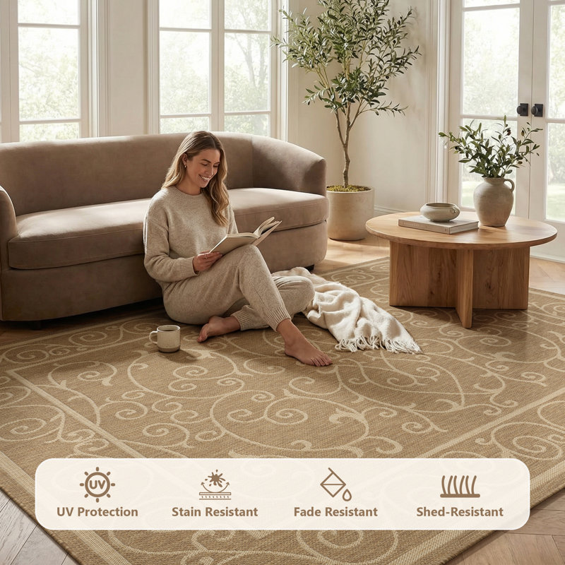 Traditional Floral Scrollwork Indoor / Outdoor Area Rug, Beige, Rectangle 5' x 7'