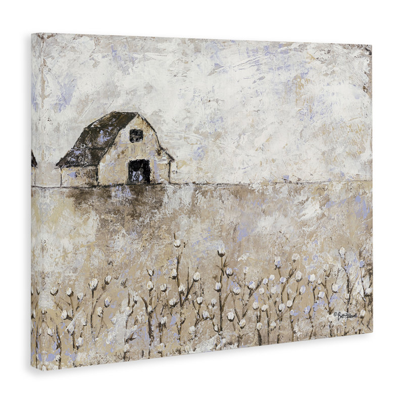 Grange blanche délavée, paysage de champs de coton - peinture, H 16 po x l 20 po