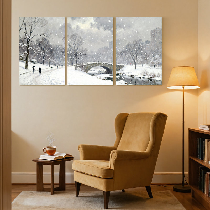 Ensemble de 3 reproductions d'art sur toile, "Snowy Park Bridge", H 30 po x l 60 po
