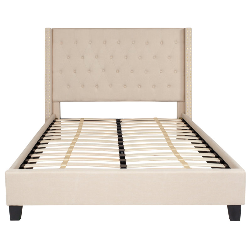 Aluino Tufted Upholstered Platform Bed w/ Accent Nail Trimmed Extended Sides, Beige, Full