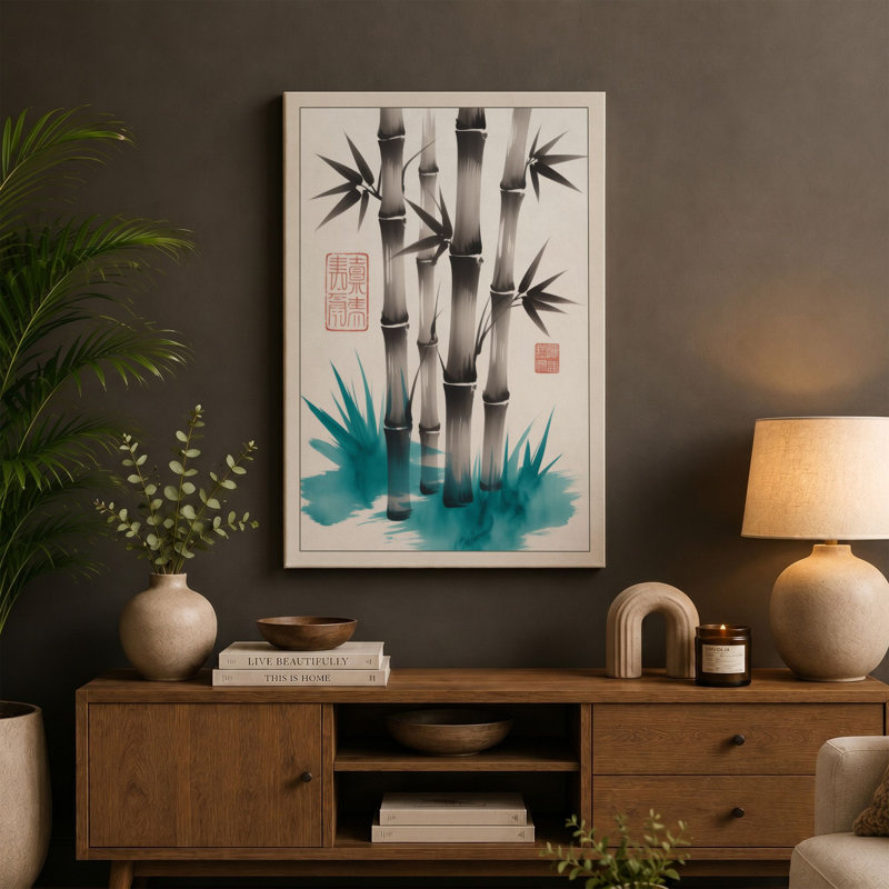 Bamboo in Mist Japandi - Wrapped Canvas, 36x24 - 91.4 x 61.0 cm, Taupe Border
