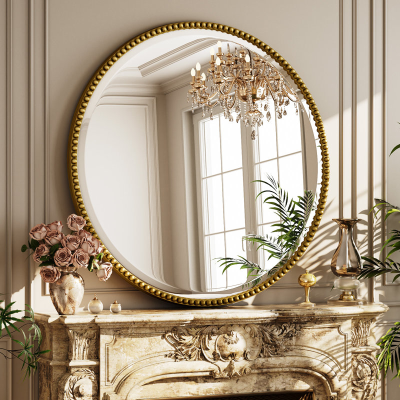 Miroir de salle de bain décoratif perlé avec cadre en résine, Doré, H 28 po x l 28 po