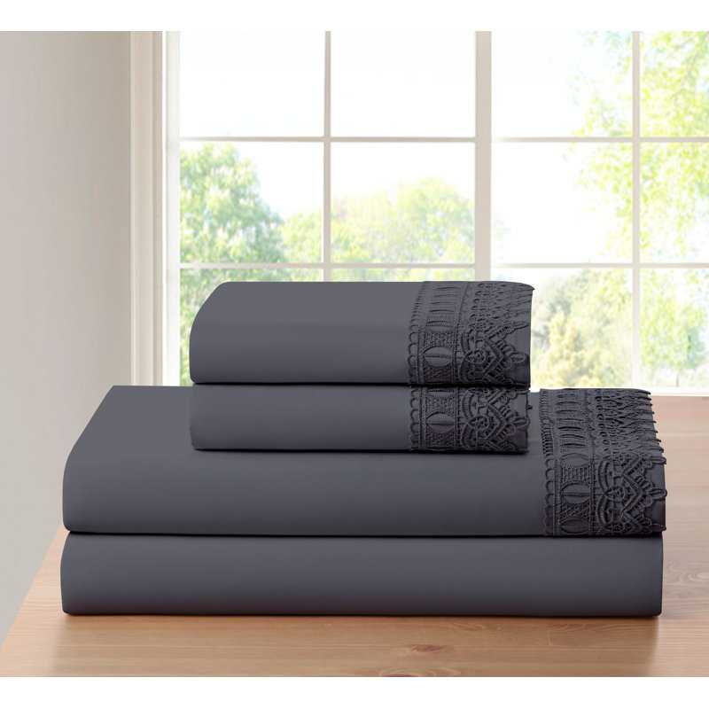 Bamboo 1800 Thread Count 3 Line, Lace or Solid Deep Pocket Sheet Set (4pc), Dark Gray