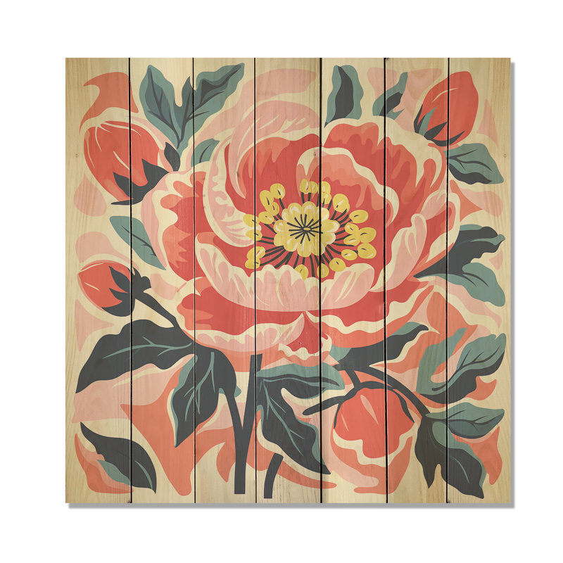 Pivoine rose et verte de style matisse - Pivoine sur bois, H 15 po x l 15 po