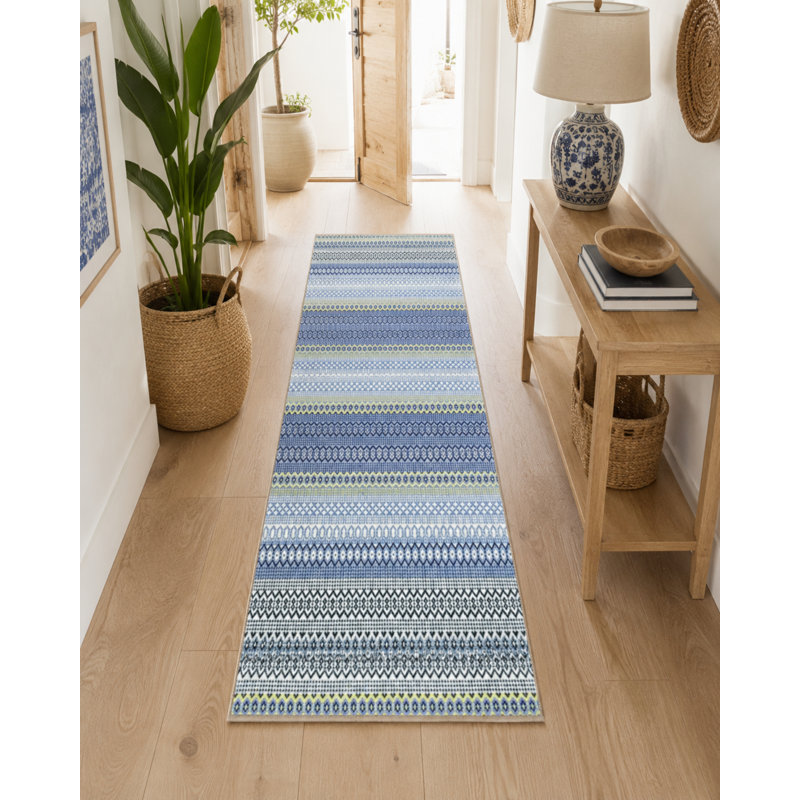 Blue Themed Stripe Geometric Patterned Fringed Vintage Decorative Carpet, Rectangle 3'4" x 6'7"