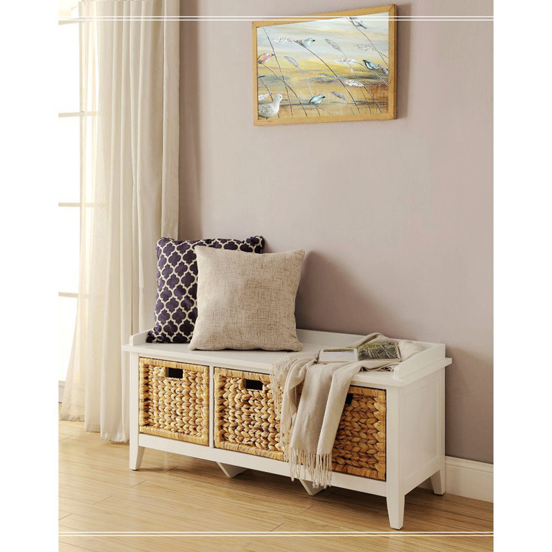 White Wood and Rattan Storage Bench with Drawers