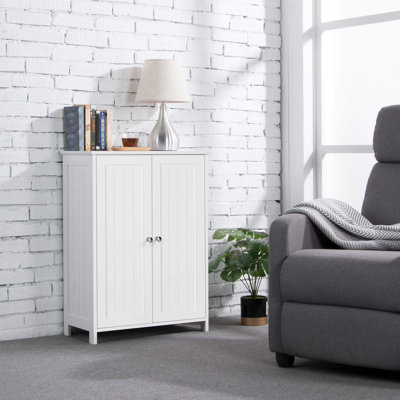 Bathroom Floor Cabinet, Modern Storage Freestanding Organizer Cabinet With Adjustable Shelves & Double Doors, 3-Tier Home Living Room Furniture, White