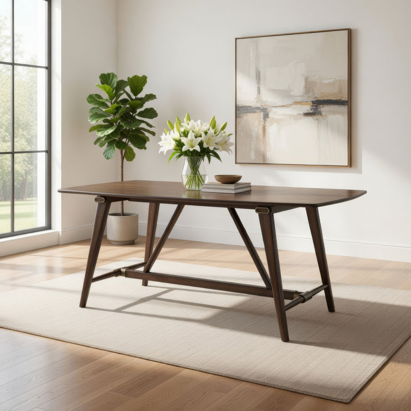 Table de salle à manger Manny avec base à tréteaux style pique-nique, bois de noyer 71 po