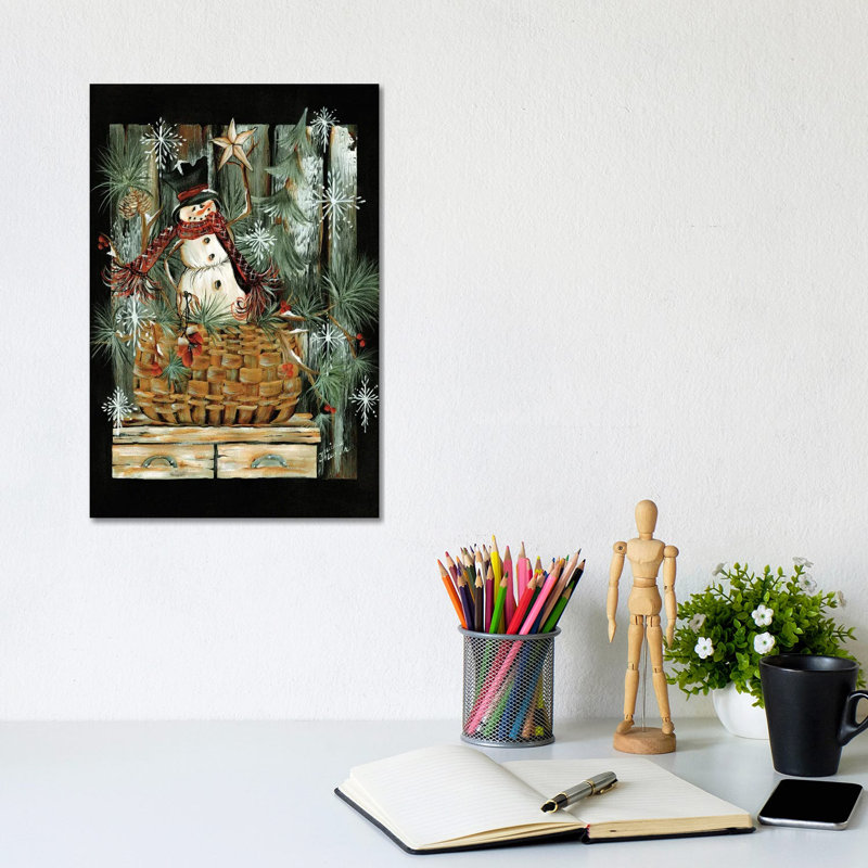Bonhomme de neige dans un panier - reproduction d'art murale - toile tendue