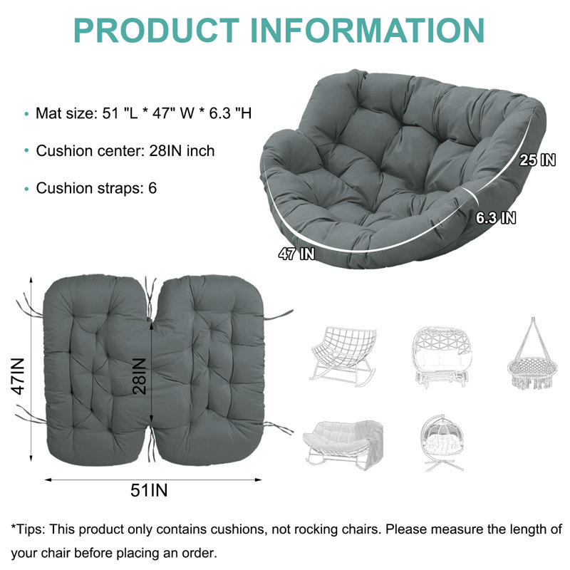 Outdoor Rocking Chair Cushion Replacement, Thick 6.3" Waterproof Patio Egg Chair Seat Pad, Dark Gray