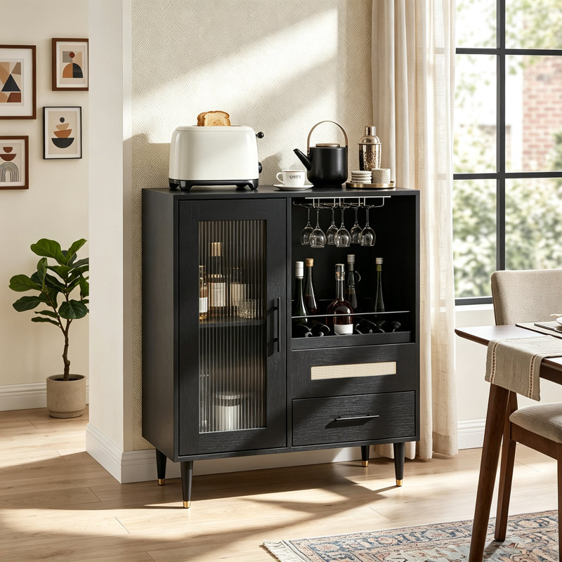31"W Wine Bar Cabinet with Tempered Glass Door & Rack , Freestanding Modern Buffet Sideboard for Dining Room, Kitchen Coffee Bar & Liquor Storage Cabinet with Drawers and Glass Holder