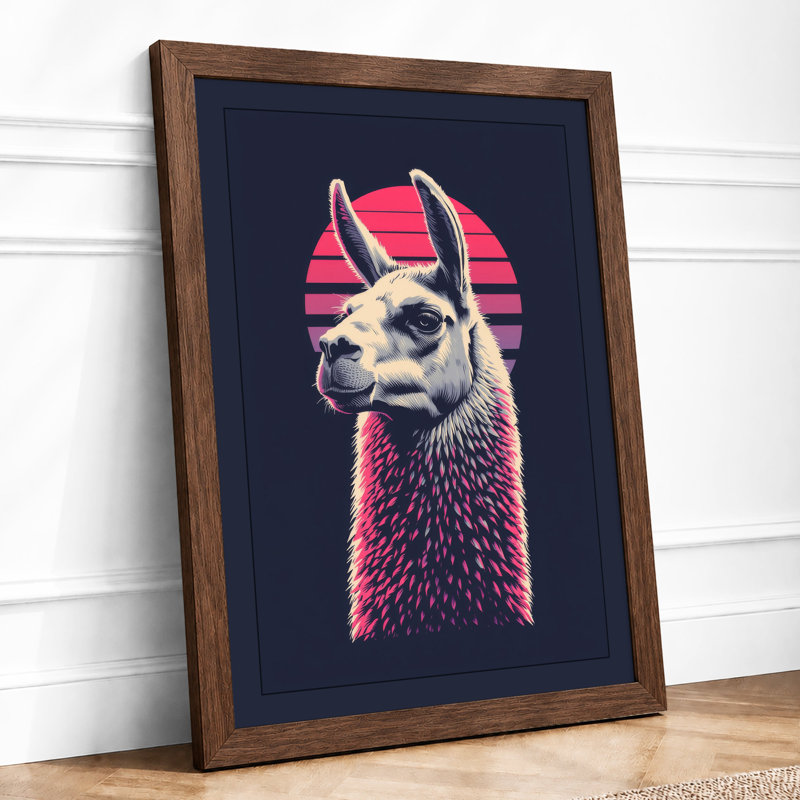 Llama Geometric Gaze Modern - Framed Print, A1 - 84.1 x 59.4 cm, Walnut