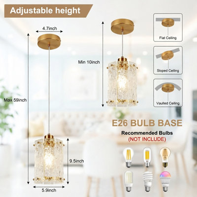 Gold Pendant Lights Set of 2 with Water Ripple Glass, Mini Chandelier for Kitchen Island Dining Over Sink
