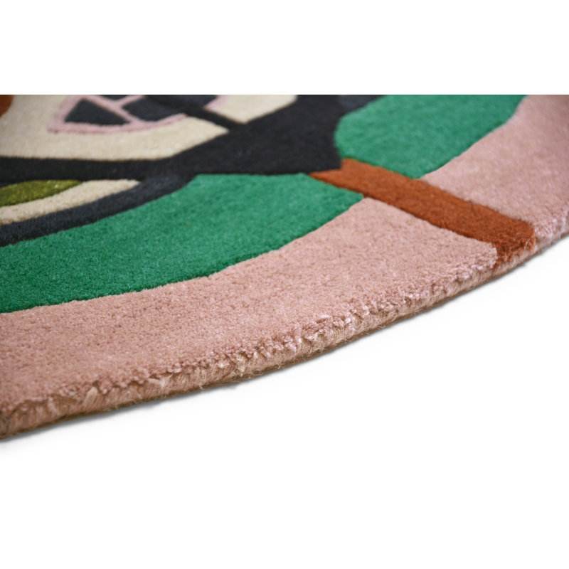 Wool Abstract Area Rug in Green/Orange/Black, Round 6'7"