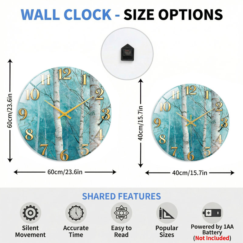 «Birch Trees», horloge murale en verre, 40 x 40 cm (15,7 x 15,7 pouces)