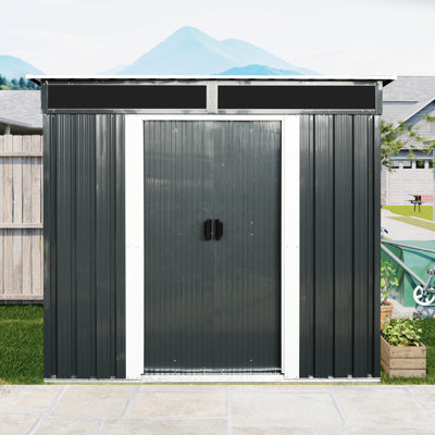 Immeuble de rangement extérieur en métal de 6 pi x 5 pi avec conception résistante et protection du sol - pour les portes coulissantes verrouillables de la cour arrière et la plaque transparente spacieuse pour le jardin, l'équipement pour outils de pelouse