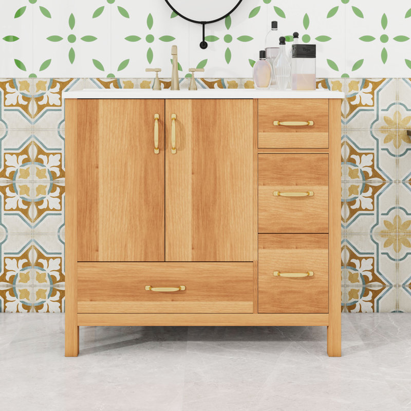 Meuble-lavabo en bois à 4 tiroirs avec lavabo en céramique, tablette réglable et 2 portes à fermeture douce