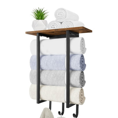 Wall Mounted Bathroom Towel Rack With Wooden Shelf And 3 Hooks - Space Saving Towel Holder Organizer For Hand Towels, Washcloths And Bath Towels